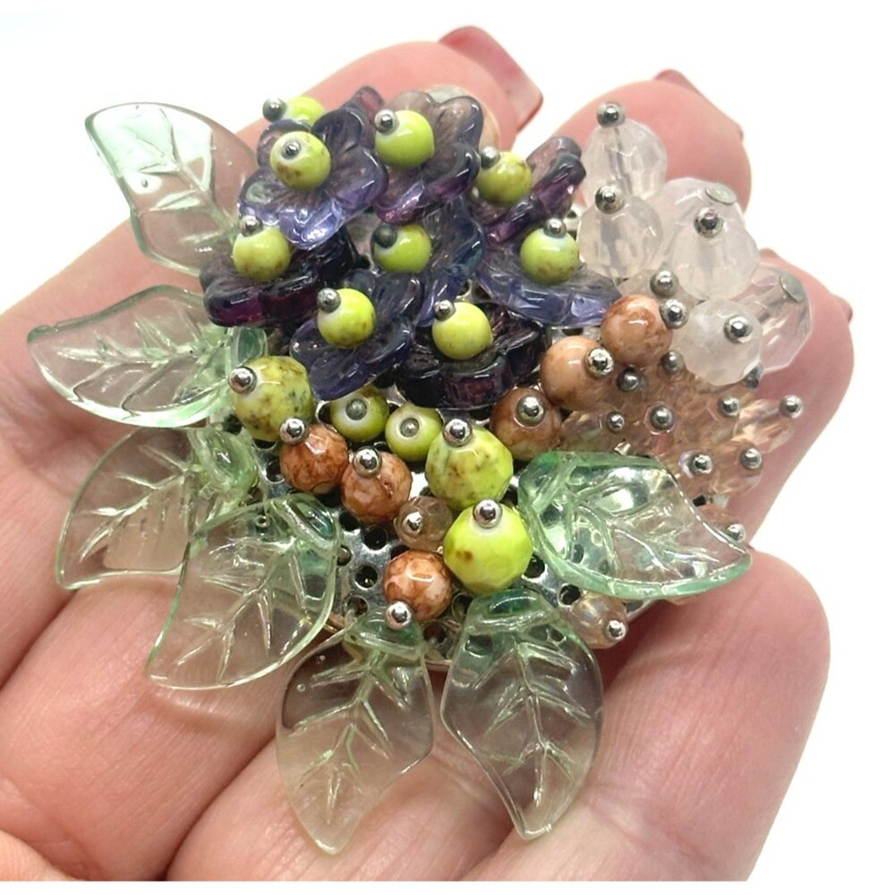 Vintage Brooch Molded Glass Layered Flowers Leaves Purple Pink Green